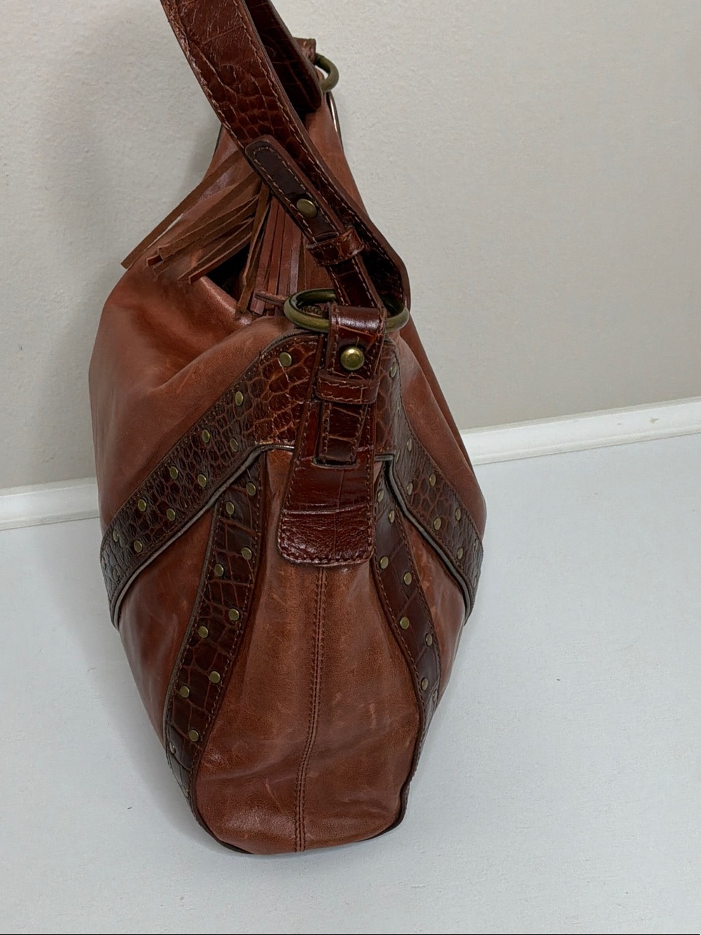 Via Spiga Cognac Leather Shoulder Bag with Studded Trim - Picture 5 of 9